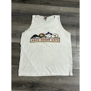 Vintage 90s Fat Cat Cafe Key West White Sleeveless Tank Top Funny Y2K - Men's XL